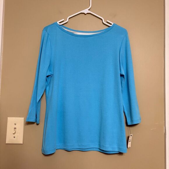 Talbots Aqua Blue Bateau Neck Cotton 3/4 Sleeve Shirt Petite Large NWT - Picture 1 of 5